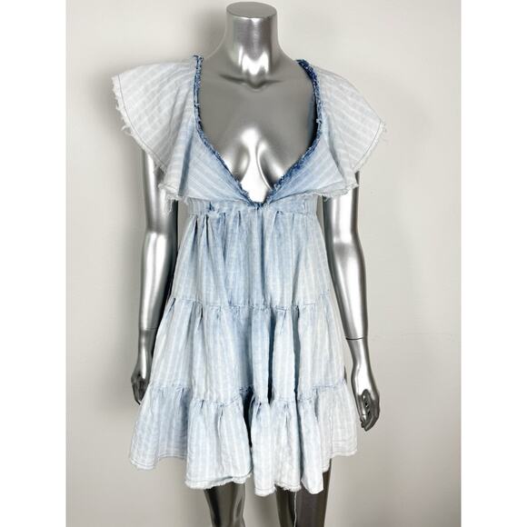 Free People Undone Mini Dress Blue Deep V-Neck Tiered Boho Beachy S - Picture 1 of 10